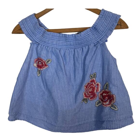 Boho J by JOA Off Shoulder Chambray Embroidered Crop Top Size S Babydoll Floral - Picture 1 of 7